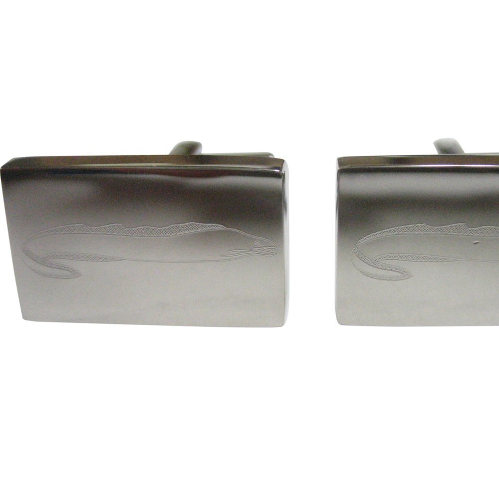 Silver Toned Rectangular Etched Moray Eel Fish Cufflinks